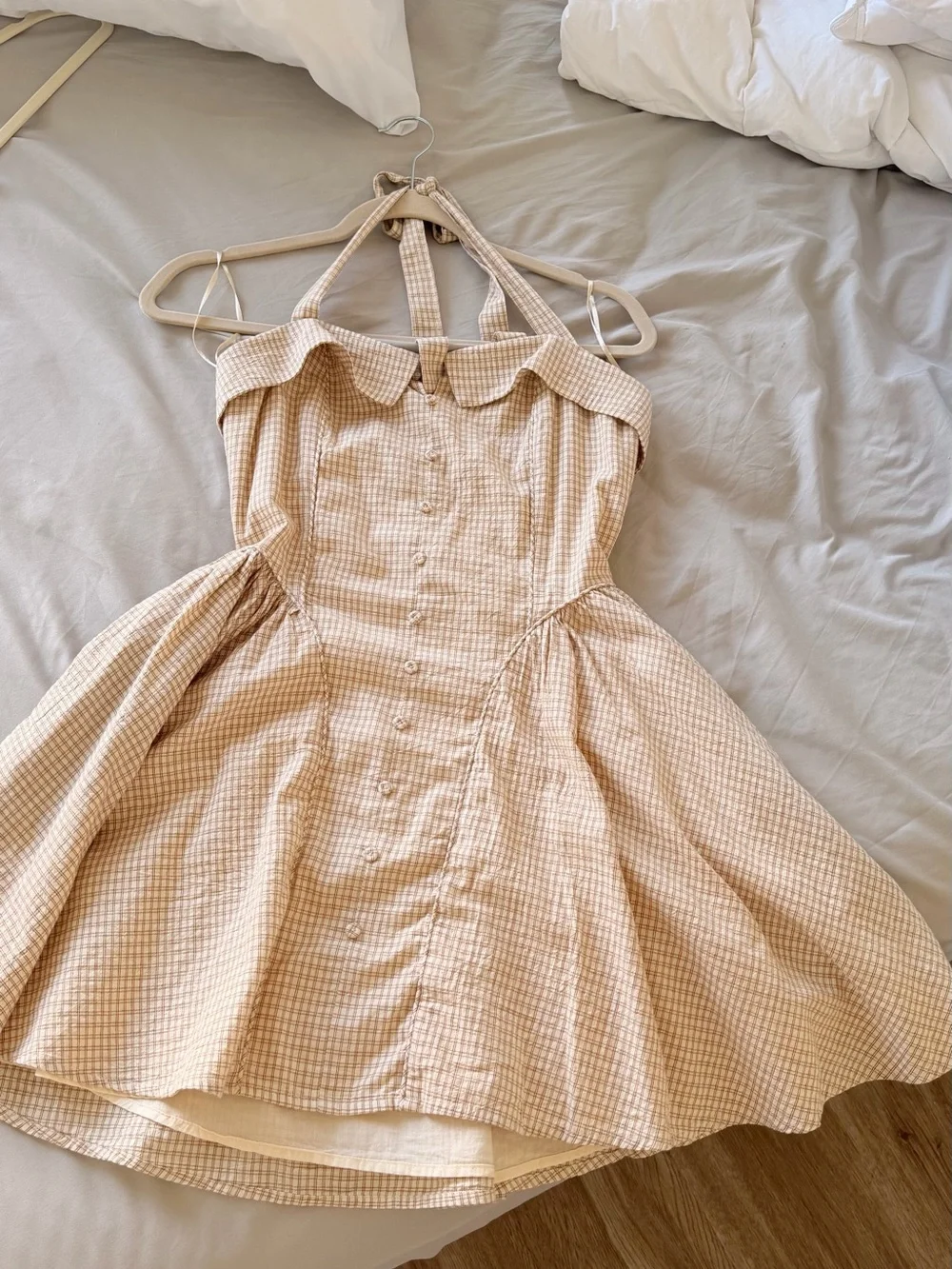 Zara Beige Gingham Halter Fit-and-Flare Dress